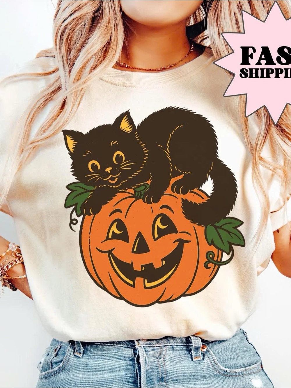 Gildan Cream Tee with Black Cat and Orange Pumpkin Graphic